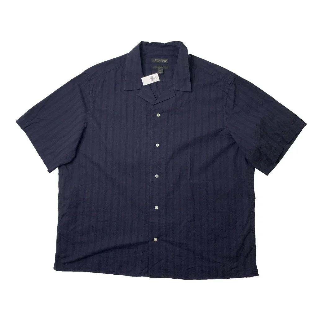 Banana Republic Shirt Mens XXL Relaxed Fit Navy Blue Organic Cotton Linen Blend
